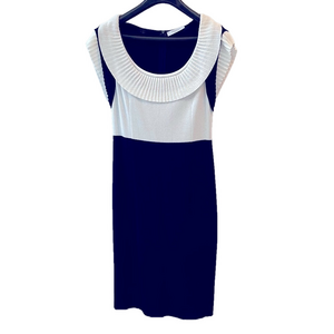 Vintage Stizzoli Women’s Sheath Dress Pleated Collar Cap Sleeves Black & White